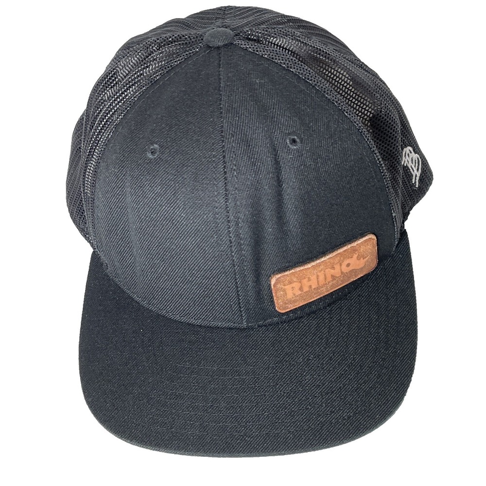 Rhino Mens Black Trucker Hat Snapback Mesh Leather Logo Patch